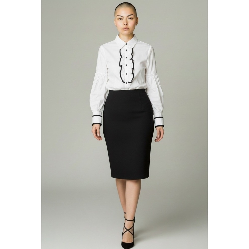 Vintage Oscar de la Renta White Ruffle Blouse Women 14 Black Trim Victorian Y2K